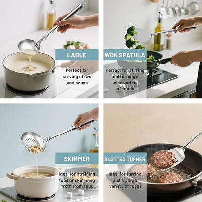 Pleafind Stainless Steel Cooking Utensils Set, 9 Pcs Heat Resistant Kitchen Utensils Set, Nonstick Kitchen Tools Set With Utensil Holder, Metal Spatula Set for Chef, Dishwasher Safe