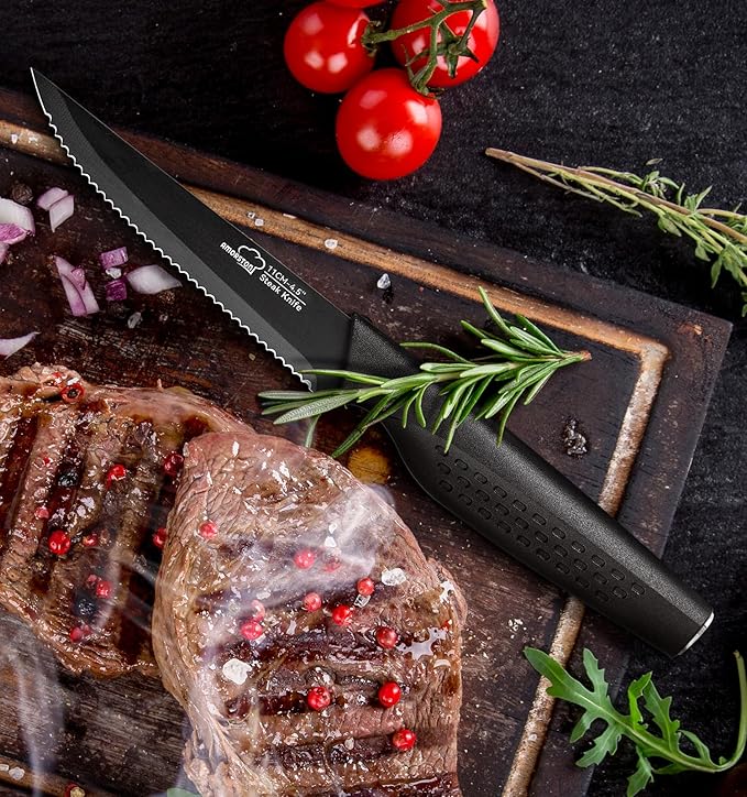 Amorston Steak Knives, Steak Knives Set of 8, Stainless Steel Steak Knife Set, Serrated Knives Dishwasher Safe, Elegant Black Mothers Day Gifts for Women - Image 7