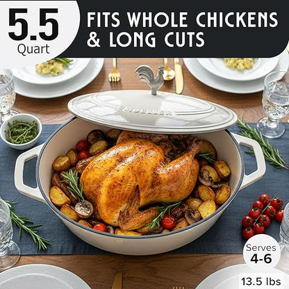 MUELLER HOME 5.5 Quart Enameled Cast Iron Oval Dutch Oven with Rooster Knob & Cotton Potholders, Heavy-Duty Cookware, Oven-Safe up to 500° F & Across All Cooktops, Gifts for Grandma & Women, White - Image 3