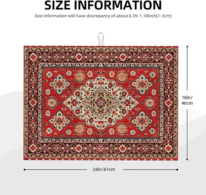 Royal Red Moroccan Dish Drying Mat Old Red Persian Carpet Texture Abstract Drying Rack Pad Countertop Dishes Ultra Absorbent Microfiber Kitchen Counter Mat 18x24 Inch