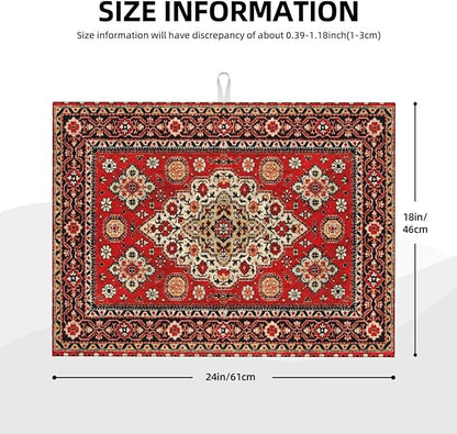Royal Red Moroccan Dish Drying Mat Old Red Persian Carpet Texture Abstract Drying Rack Pad Countertop Dishes Ultra Absorbent Microfiber Kitchen Counter Mat 18x24 Inch