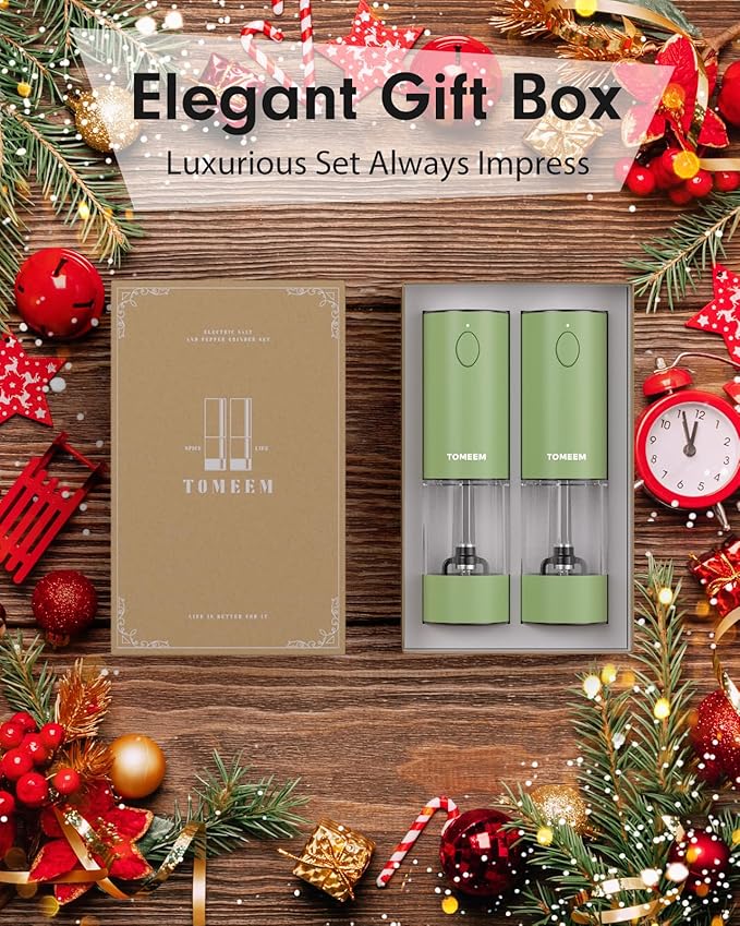 TOMEEM Upgraded Larger Capacity Electric Salt and Pepper Grinder Set Rechargeable with LED lights, Stainless Steel Automatic Pepper and Salt Grinder Refillable with 5 Adjustable Coarseness Green - Image 9