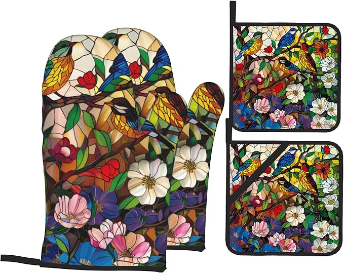 Abstract Bird Oven Mitts & Potholder Set of 4 - Heat Resistant Kitchen Gloves Hot Pads for Baking, Cooking, Gifts for Women