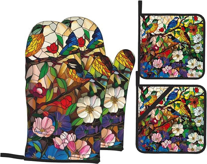 Abstract Bird Oven Mitts & Potholder Set of 4 - Heat Resistant Kitchen Gloves Hot Pads for Baking, Cooking, Gifts for Women