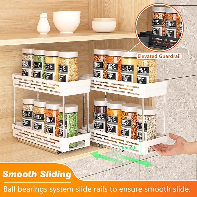 Pull Out Spice Rack Organizer for Cabinet, 3 Packs Slide Out Spice Racks Organizer, Spice Cabinet Organizers, Cabinet Size Need:12'' Highx11'' Deepx5'' Wide,Each Tier Hold 10 Spice Jar - 2 Tier, White - Image 5