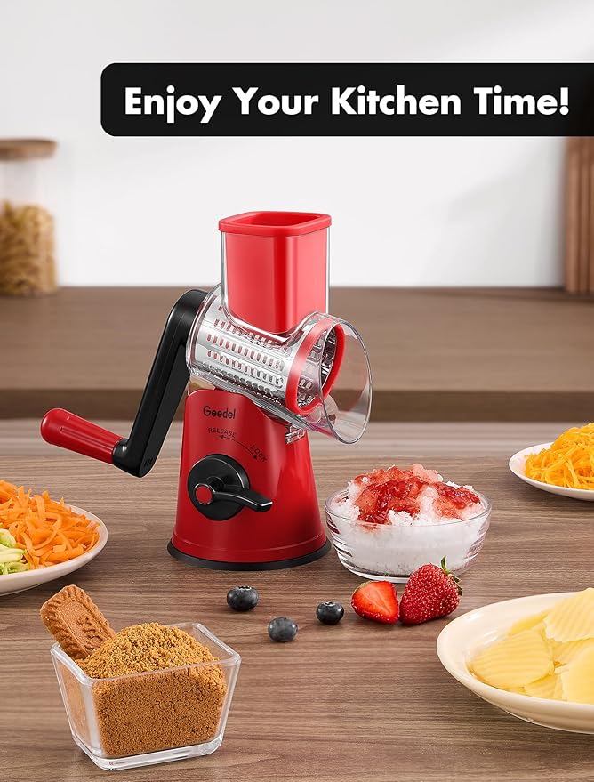 Geedel Rotary Cheese Grater Cheese Shredder with 5 Interchangeable Blades - Upgraded Rotary Grater Featuring Strong Suction Base for Cheese Shredding, Wavy Slicing, Nut Grinding, and Ice Shaving - Image 8
