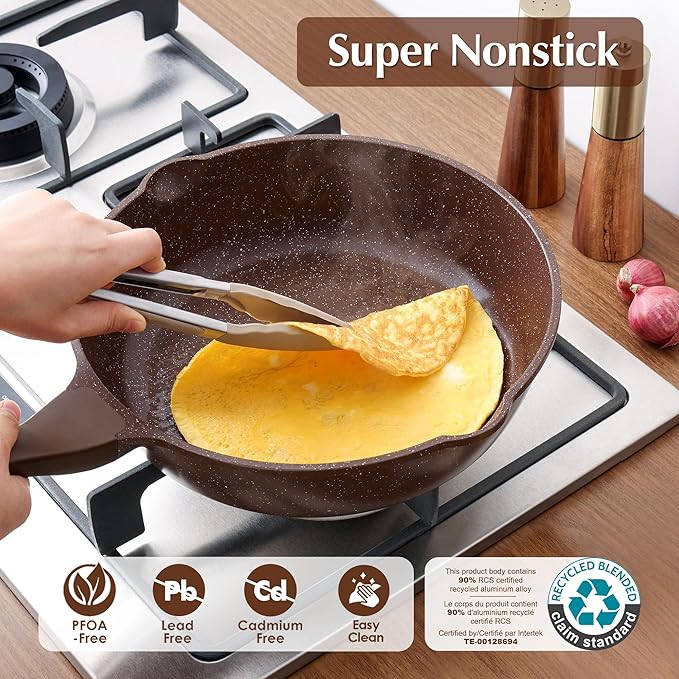 SENSARTE Nonstick Deep Frying Pan Skillet, 12-inch Saute Pan with Lid, Stay-Cool Handle, Healthy Cookware Cooking Pan with Cover, Induction Compatible (Toffee Brown) - Image 2