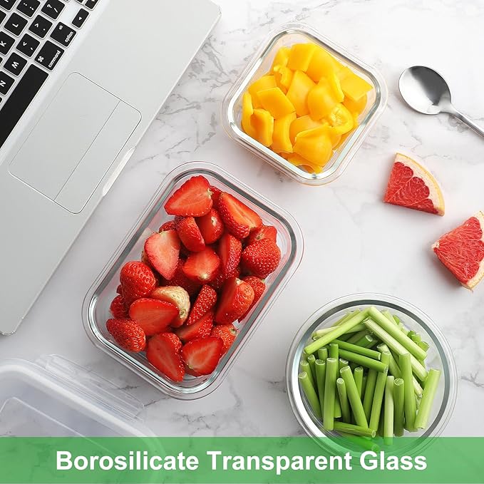 HOMBERKING 18 Piece Glass Food Storage Containers with Lids, Glass Meal Prep Containers, Airtight Lunch Bento Boxes, BPA-Free & Leak Proof, Oven, Freezer and Dishwasher Safe (9 lids & 9 Containers) - Image 2