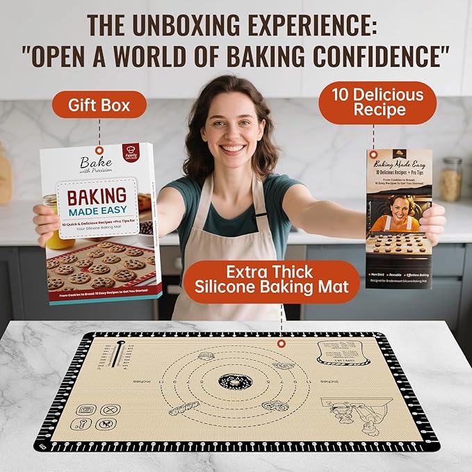 Extra Thick Silicone Baking Mat with 10 Easy Recipes,Silicone Mat for Baking, Non Stick Pastry Mat for Dough Rolling, Macaron, Cookie, bread, Pizza, Fondant/Pie Crust, Oven& Dishwasher Safe - Image 2