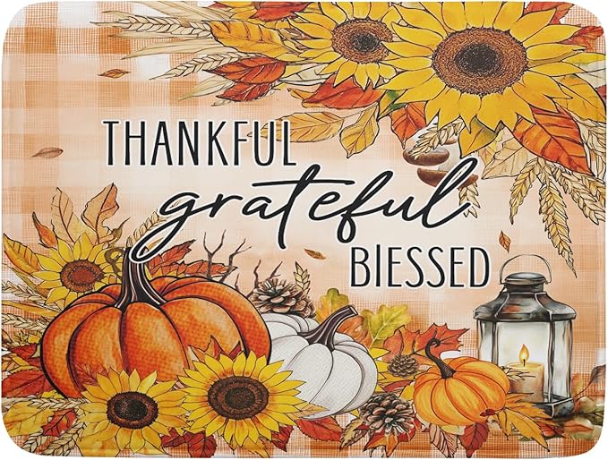 Giwawa Autumn Pumpkins Dish Drying Mat for Kitchen Countertop, Fall Sunflowers Thankful Grateful Blessed Dish Drainer Mats 18x24in, Thanksgiving Harvest Decorative Reversible Dish Drying Pad