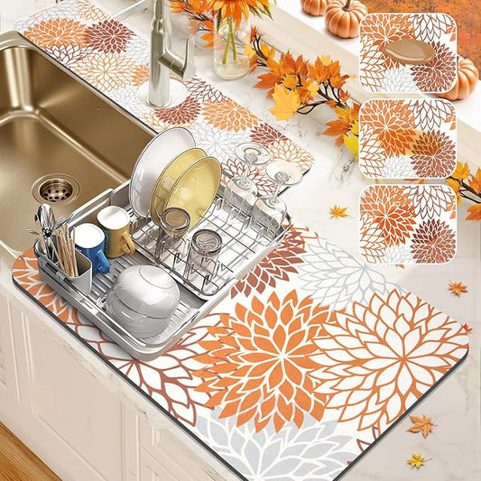 Findosom 2PCS 16" x 24" Fall Dish Drying Mat & 24" x 5.5" Sink Splash Guard, Super Absorbent & Cuttable Dish Mat Drying Kitchen Mat with Orange Floral, Hide Stain Drying Mat for Kitchen Counter by Findosom