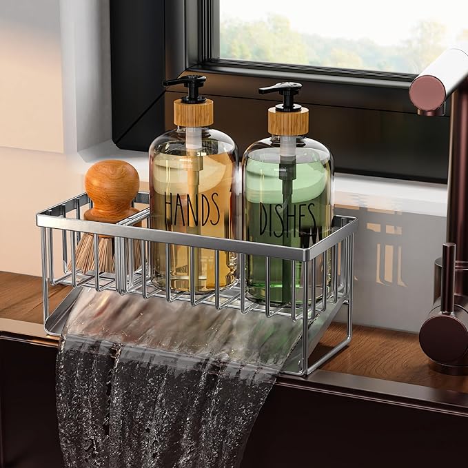 Cisily Kitchen Dish Soap Dispenser Set Stainless Steel Sponge Holder and 2 Pack 16.9oz Clear Glass, Dish Soap Dispensers, Vintage Hand and Dish Soap Dispensers Set, Dispensador De Jabon De Cocina - Image 9