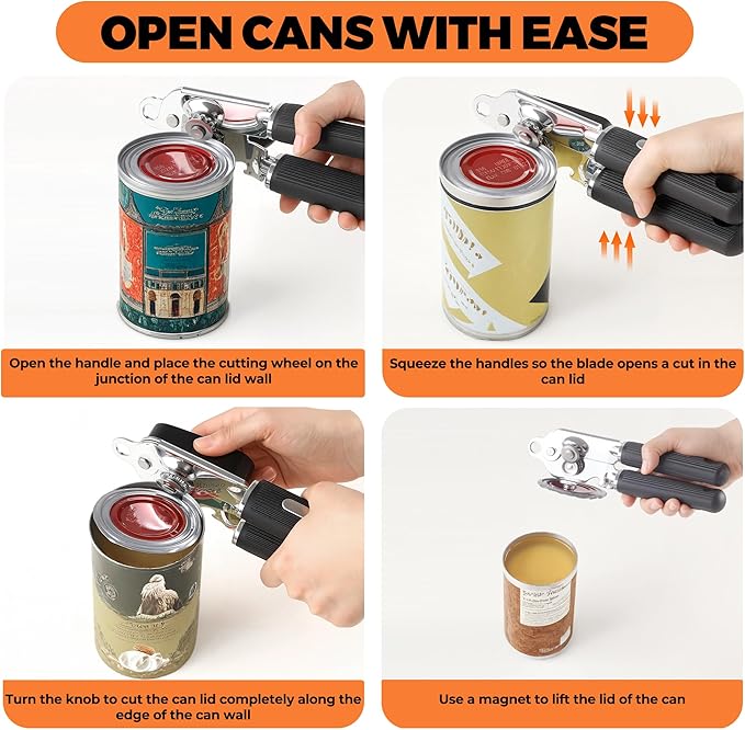 Can Opener Manual with Magnet,Soft Grip Rubber Handle Sharp Blade Smooth Edge,Effortless knob,Heavy Duty Can Opener with Multifunctional Bottle Opener - Image 4