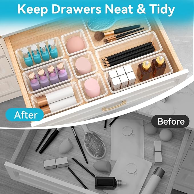 ElegantArray 24 PCS Drawer Organizer Set, 4 Sizes Tool Storage Trays, Clear Plastic Makeup Vanity Organizer and Storage Bins for Makeup, Stationeries, Multiple Gadgets for Bathroom, Office, Bedroom - Image 7