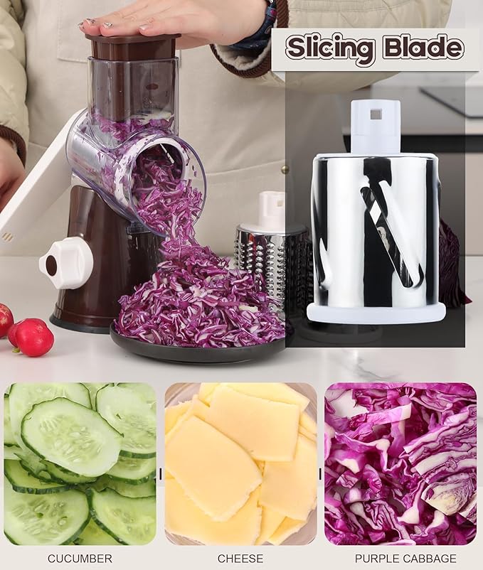 Ourokhome Rotary Cheese Grater Hand Crank, Kitchen Shredder Speed Mandolin Slicer Nut Grinder with Handle and Drum Blades for Cheese, Vegetable, Walnuts, Chocolate, Potato, Carrot,3 Blades, Coffee - Image 4