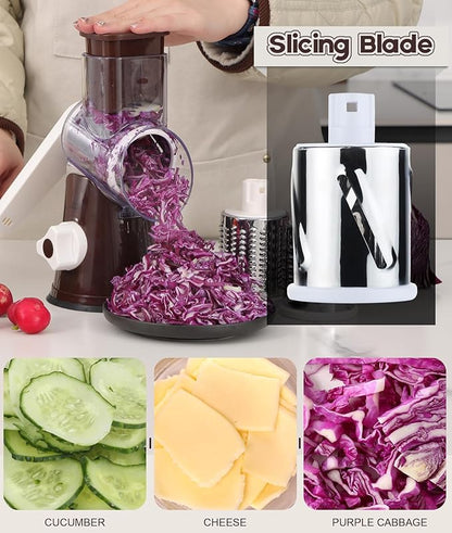 Ourokhome Rotary Cheese Grater Hand Crank, Kitchen Shredder Speed Mandolin Slicer Nut Grinder with Handle and Drum Blades for Cheese, Vegetable, Walnuts, Chocolate, Potato, Carrot,3 Blades, Coffee - Image 4