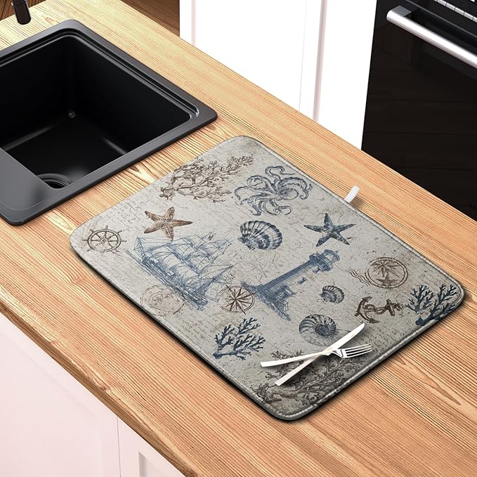Nautical Coastal Dish Drying Mat for Kitchen Counter Summer Ocean Sailboat Starfish Seashell Absorbent Microfiber Dish Mat Reusable Washable Dish Drainer Rack Mat 18x24 Inch - Image 6