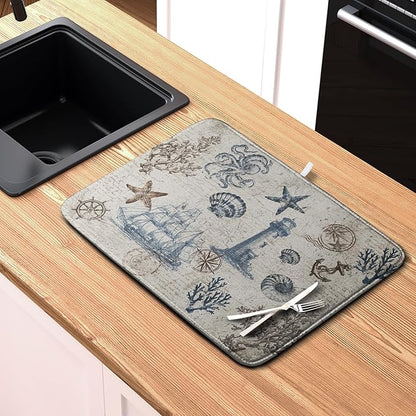 Nautical Coastal Dish Drying Mat for Kitchen Counter Summer Ocean Sailboat Starfish Seashell Absorbent Microfiber Dish Mat Reusable Washable Dish Drainer Rack Mat 18x24 Inch - Image 6