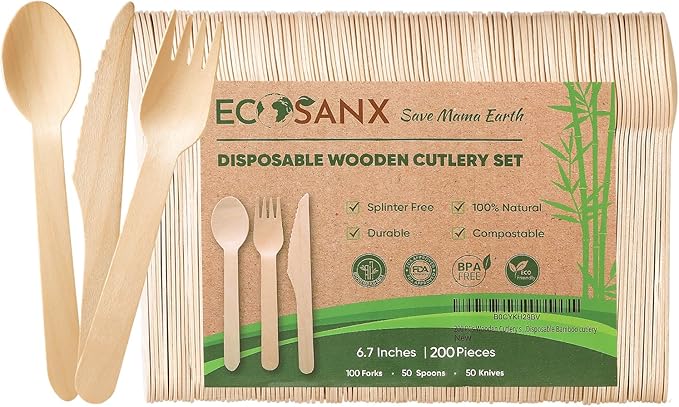 ECOSANX® 200 PCs Disposable Wooden Cutlery set 6.5" Splinter Free Compostable Utensils for party, Eco-Friendly, 100% All-Natural Bamboo Utensils set for picnic, Bamboo cutlery set for Events & More by ECOSANX