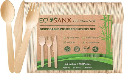 ECOSANX® 200 PCs Disposable Wooden Cutlery set 6.5" Splinter Free Compostable Utensils for party, Eco-Friendly, 100% All-Natural Bamboo Utensils set for picnic, Bamboo cutlery set for Events & More by ECOSANX