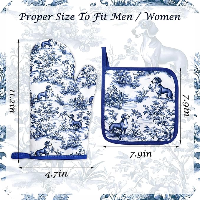 FYSUIMU 4Pcs Chinoiserie Dachshund Oven Mitts and Pot Holders Set Heat Resistant Non-Slip Potholders Blue White Botanical Dog Kitchen Oven Gloves with Hot Pads for Cooking Baking