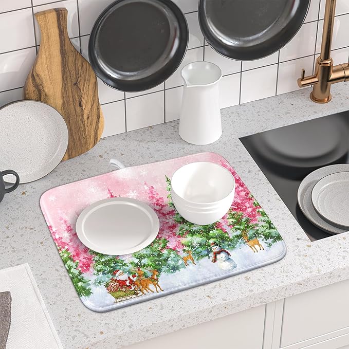 Santa Claus Dish Drying Mats for Kitchen Counter Watercolor Forest Decoration Coffee Mat for Table Decor - Image 6