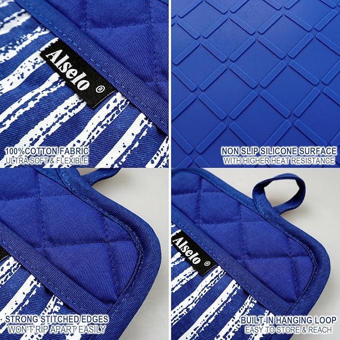 Alselo Silicone Pot Holders Set of 3 Heat Resistant & Non Slip Potholders, Professional Oven Hot Pads with Pockets Mitts for Kitchen Cooking Baking Barbecue (Cobait Blue, 3) - Image 3