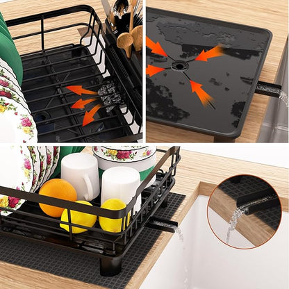 Godboat Dish Drying Rack, Dish Rack with Auto-Drain & Mat, Dish Drainers for Kitchen Counter, Glass Organizer for 4 Cups, 3 Slots Utensil Holder, Gifts for Women Mothers Day, Kitchen Gadgets & Decor - Image 5