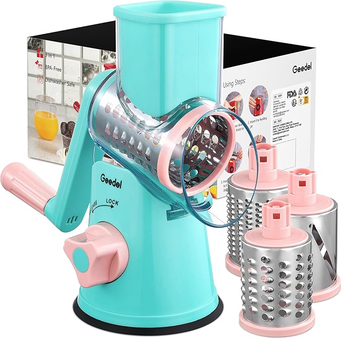 Geedel Rotary Cheese Grater, Kitchen Mandoline Vegetable Slicer with 3 Interchangeable Blades, Easy to Clean Rotary Grater Slicer for Fruit, Vegetables, Nuts by Geedel
