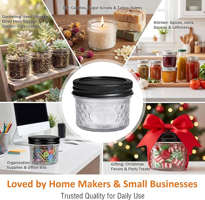 4oz Clear Glass Mini Mason Jars, 40 Pack Small Clear Canning Jars with Black Separable Lids and Diamond appearance for Spice, Honey, Jam, Caviar, Candle Making, Wedding Favors & Kitchen Storage - Image 5