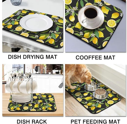 Dish Drying Mat for Kitchen Counter 2 Pack with Non-Slip Rubber Backing - Heat-Resistant Absorbent Coffee Bar Mat, Dish Rack Mat, Lemon Dish Drying Mats 18x24+19.5x12 inch