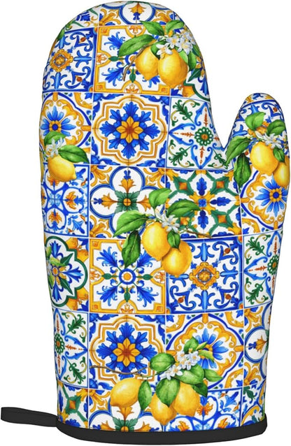 Lemon Oven Mitts - Summer Kitchen Mitts Pot Holders Teal Blue and Yellow Hot Mitts Boho Floral Hot Pads Sets of 2 for Cooking Baking Grilling - Image 8
