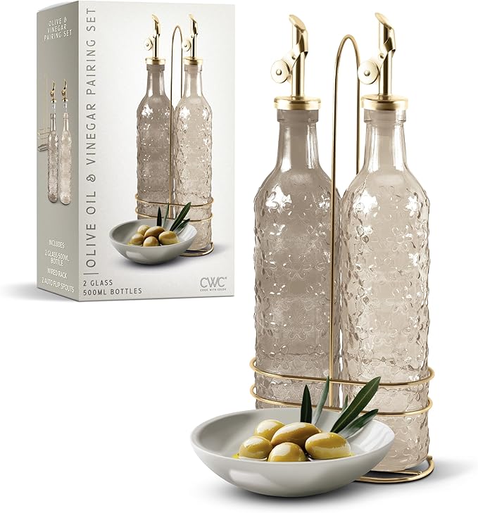 COOK WITH COLOR Glass Olive Oil Bottle Dispenser - 2 Pack- 17oz Oil and Vinegar Cruet - Olive Oil Carafe Decanter for Kitchen, Floral, Brown by CookwithColor