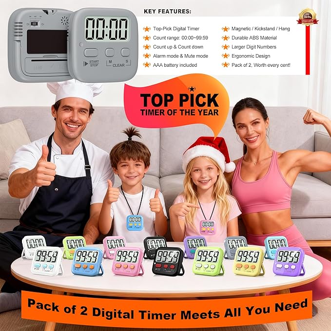 Antonki 2 Pack Digital Timer for Kids, Magnetic Countdown Kitchen Timers for Cooking, Egg, Classroom, Teacher, Exercise, Study, Oven - Battery Included - Image 8