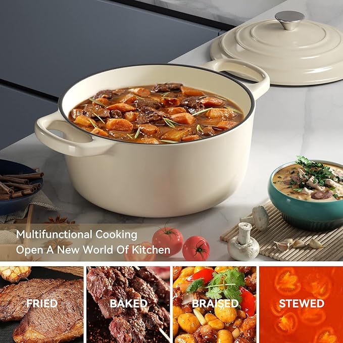 Miereirl 6 Quart Enameled Dutch Oven Pot with Lid, Cast Iron Dutch Oven with Dual Handles for Bread Baking, Cooking, Non-stick Enamel Coated Cookware (Beige) - Image 6