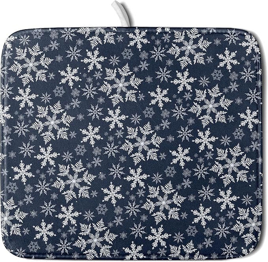 Christmas Dish Drying Mat for Kitchen Counter 18x16 Inch Xmas Snowflake Drying Mat with Absorbent Reversible Microfiber Blue Dish Drainer Mats Rack Pad for Coffee Countertop Protector
