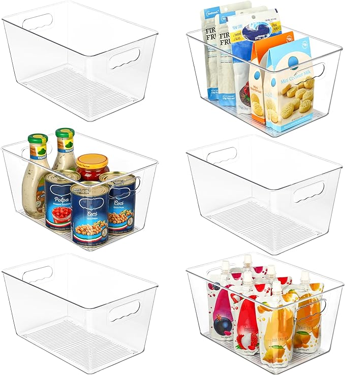 Vtopmart Clear Plastic Storage Bins, 6 PCS Pantry Organizer Bins with Handle for Refrigerator, Fridge, Cabinet, Kitchen, Countertops, Cupboard, Freezer Organization and Storage, Large by Vtopmart