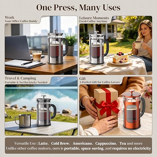 Veken French Press Coffee Maker 34oz, No Plastic Touching Cafe,Thickened Glass Stainless Steel Brewer, Cold Brew Cafetera Tea pot for Kitchen Travel Camping, Gifts, Decor, Bar Accessories, Dark Pewter - Image 3