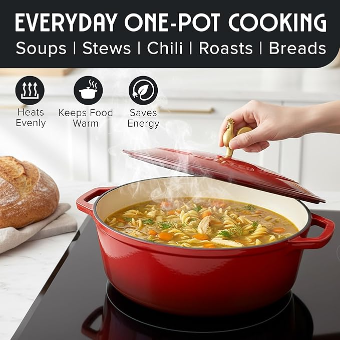 MUELLER HOME 5.5 Quart Enameled Cast Iron Oval Dutch Oven w Rooster Knob & Cotton Potholders, Heavy-Duty Cookware, Oven-Safe up to 500° F & Across All Cooktops, Gifts for Grandma & Women, Red - Image 6