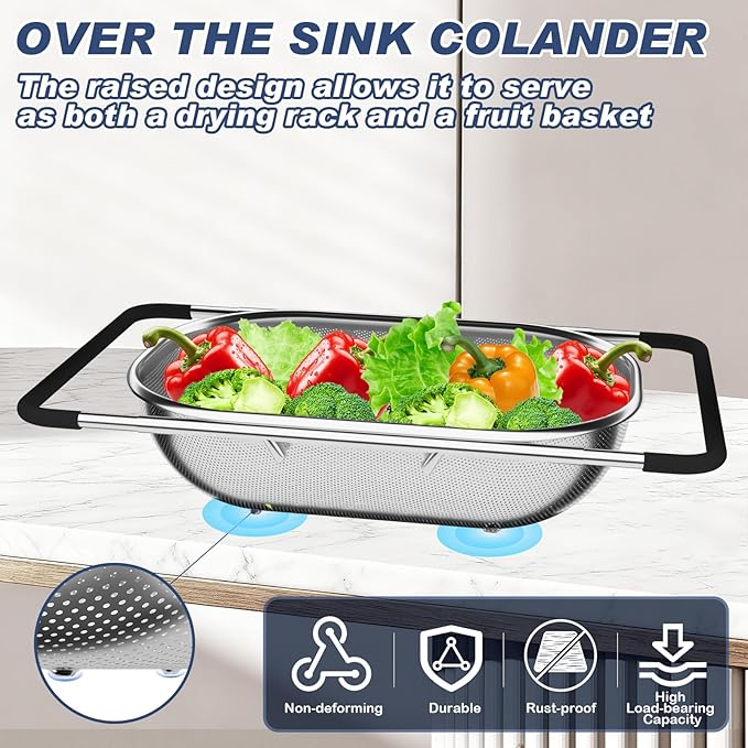 Over the Sink Colander, Expandable Strainers and Colanders with Fine Mesh, Colander for Kitchen with Rubber Grip for Draining Pasta, Vegetables and Fruits - Essential Kitchen Sink Strainer - Image 2