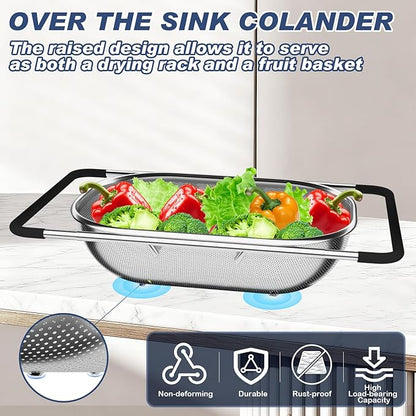 Over the Sink Colander, Expandable Strainers and Colanders with Fine Mesh, Colander for Kitchen with Rubber Grip for Draining Pasta, Vegetables and Fruits - Essential Kitchen Sink Strainer - Image 2