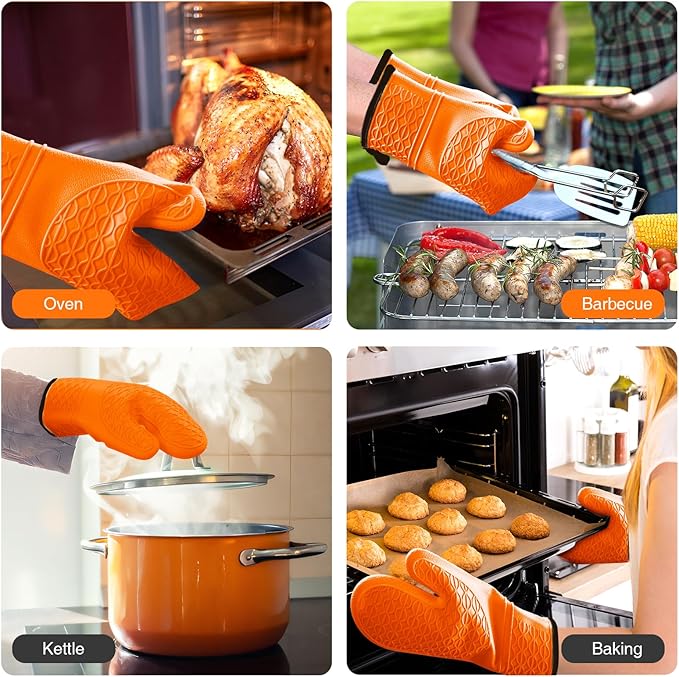 Silicone Oven Mitts, Heat Resistant 2PCS Oven Mitts with Soft Cotton Lining, Waterproof Non-Slip Grip Oven Glove, Kitchen Potholder Mits for BBQ, Baking, Cooking, 12.5 Inch - Orange - Image 6