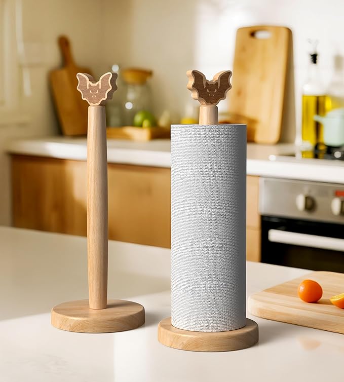 KitchLife Cute Wooden Paper Towel Holder Countertop - Solid Freestanding Paper Towel Dispenser Stand Organizer with Anti-Skid Base (Bat) - Image 7