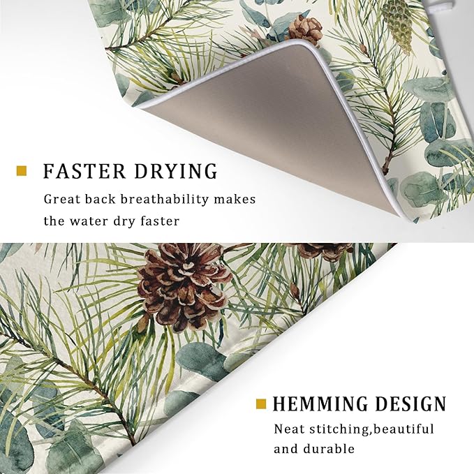 Winter Christmas Dish Drying Mat for Kitchen Counter 18x24 Evergreen Leaves Pinecone Holiday Theme Absorbent Reversible Microfiber Drying Mats Kitchen Countertop Protector Dishes Drainer Pad - Image 3