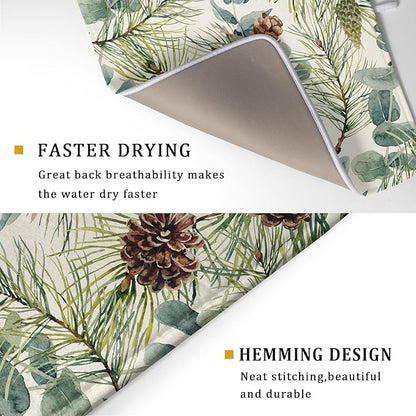 Winter Christmas Dish Drying Mat for Kitchen Counter 18x24 Evergreen Leaves Pinecone Holiday Theme Absorbent Reversible Microfiber Drying Mats Kitchen Countertop Protector Dishes Drainer Pad - Image 3