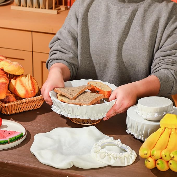 Patelai 10 Pcs Bowl Covers Reusable in 5 Size Stretch Cloth Fabric Elastic Food Storage Bowl Covers Bread Sourdough Lids for Proofing Food Fruits Leftover(White,Ivory Style) - Image 2