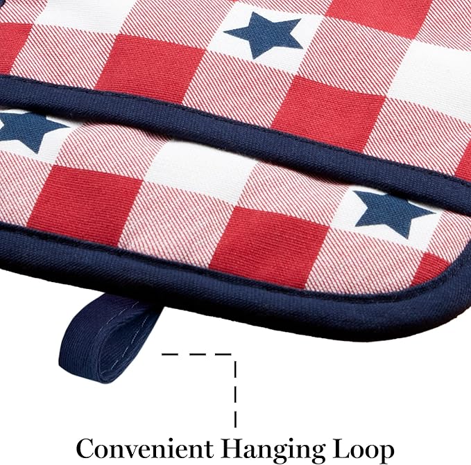 MARTHA STEWART Americana Star Gihgham Oven Mitt & Pot Holder Set, 100% Cotton, Heat Resistant, Patriotic USA America Decor, Red/White/Blue, 7"x13" & 7"x10" - Image 8