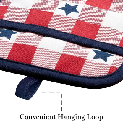 MARTHA STEWART Americana Star Gihgham Oven Mitt & Pot Holder Set, 100% Cotton, Heat Resistant, Patriotic USA America Decor, Red/White/Blue, 7"x13" & 7"x10" - Image 8