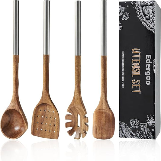 Edergoo 4 PCS Acacia Wood Cooking Utensils Set with Magnetic Hanging Handles Stainless Steel, Heat-Resistant Multi Function Cooking Tools