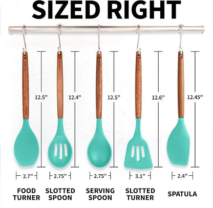 Zulay Kitchen Non-Stick Cooking Utensils Set with Authentic Acacia Wood Handles – 5-Piece Durable & Stylish Silicone Kitchen Utensils Set – Heat Resistant to 464°F – Mint - Image 8